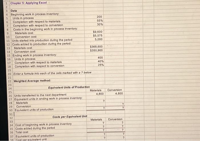 Chapter 5: Applying Excel: Excel Worksheet (Part 1 of | Chegg.com