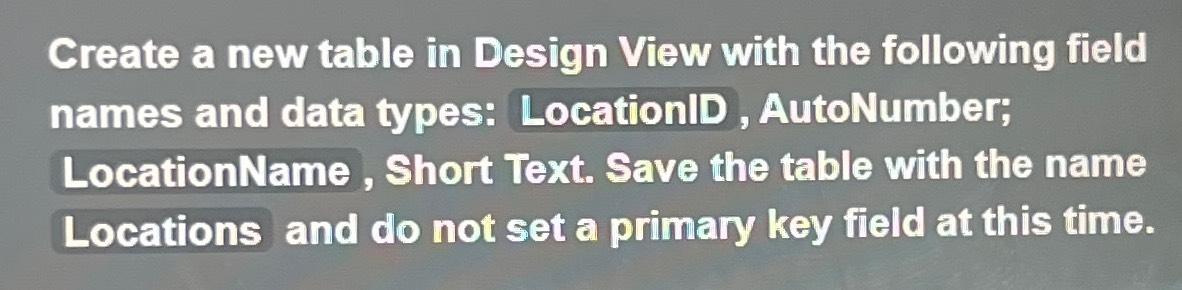create a new table in design view with the following field names