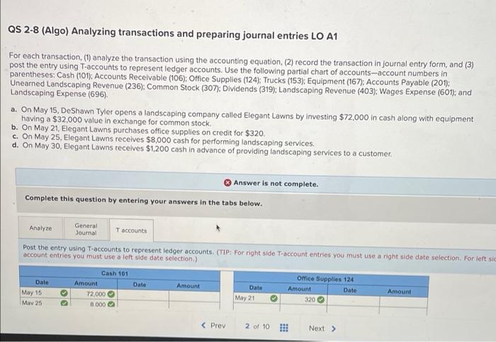 Solved QS 2-8 (Algo) Analyzing transactions and preparing | Chegg.com