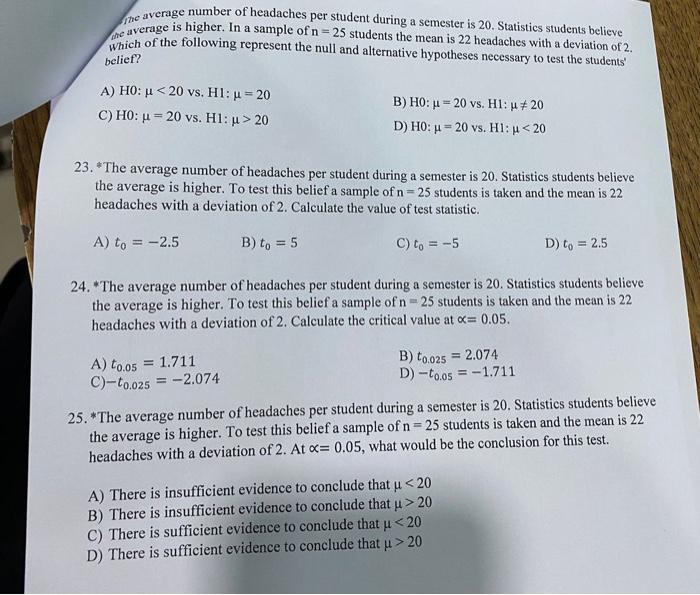 Solved he average number of headaches per student during a | Chegg.com