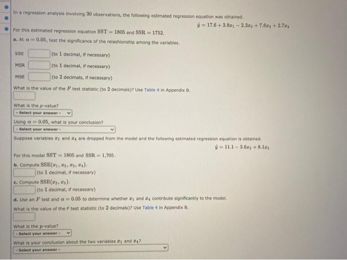 Solved in a regression analysis involving 30 observations, | Chegg.com