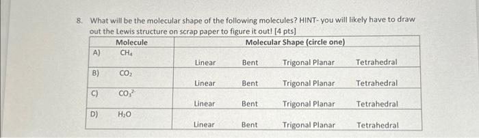 Solved 8. What will be the molecular shape of the following | Chegg.com