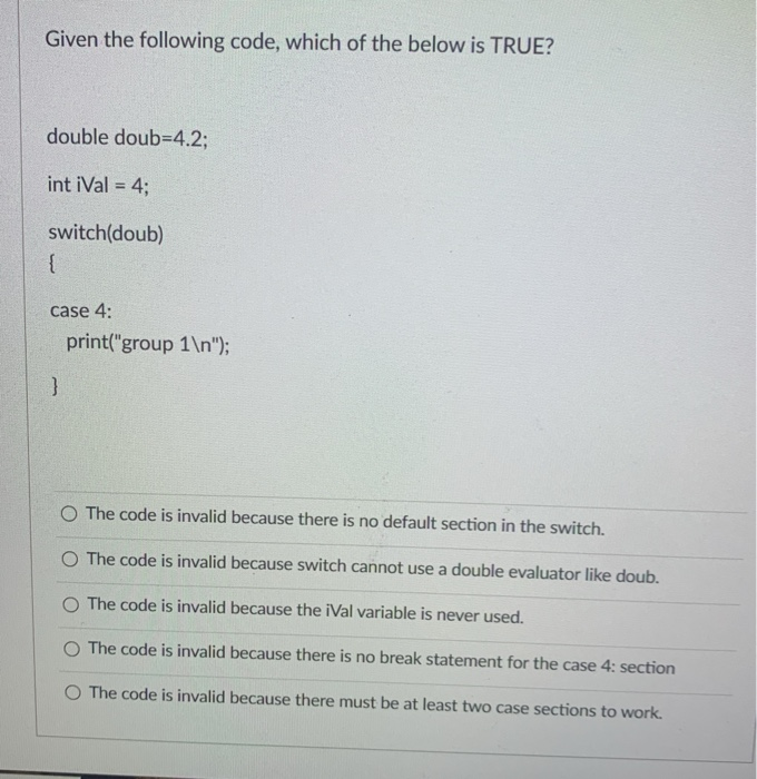 Solved Given the following code, which of the below is TRUE? | Chegg.com