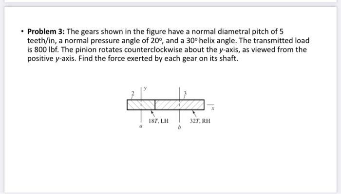 - Problem 3: The gears shown in the figure have a normal diametral pitch of 5 teeth/in, a normal pressure angle of \( 20^{\ci