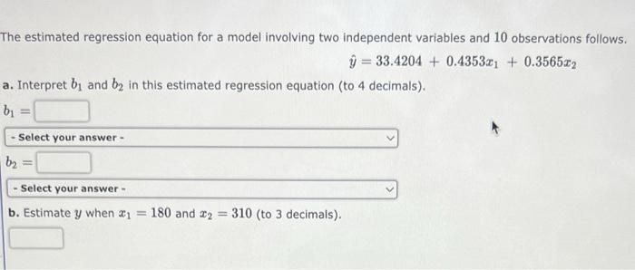 Solved The estimated regression equation for a model | Chegg.com