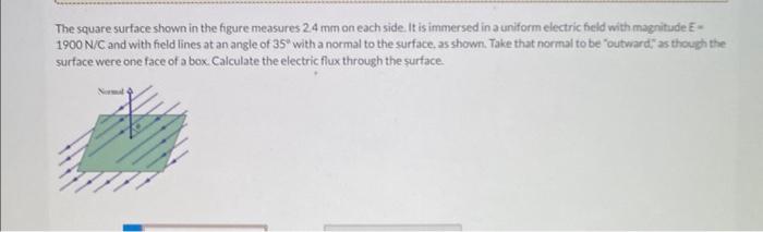 The square surface shown in the figure measures \( 2.4 \mathrm{~mm} \) on each side it is immersed in a uniform electric feld