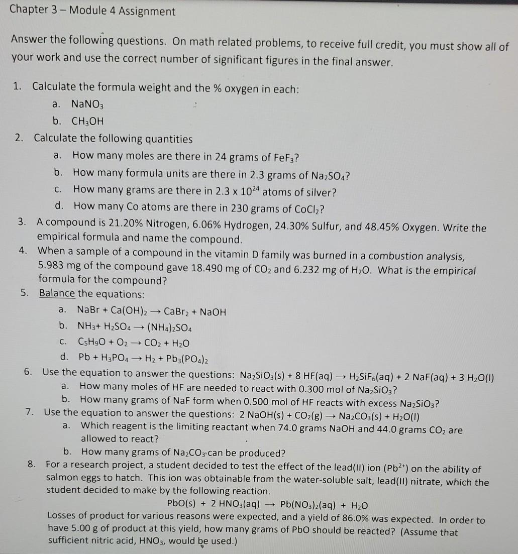 Solved Chapter 3 - Module 4 Assignment Answer the following | Chegg.com