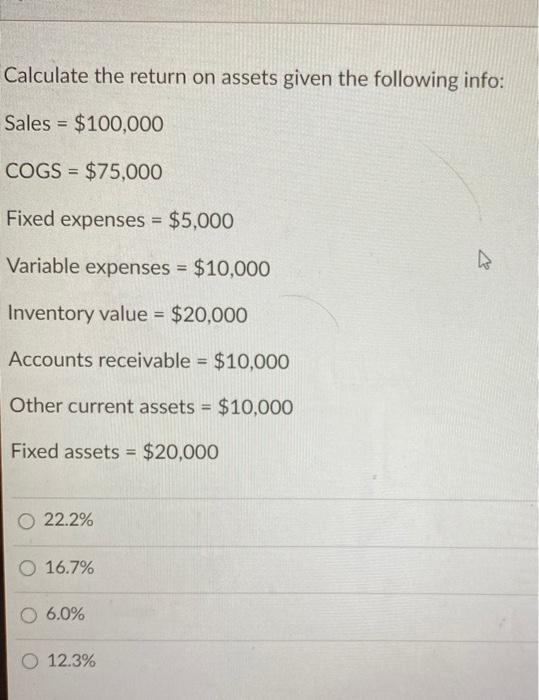 Solved Calculate The Return On Assets Given The Following | Chegg.com