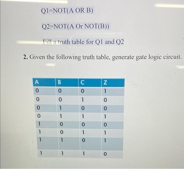Solved Q1=NOT(A OR B) Q2=NOT(A Or NOT(B)) Fill a truth table | Chegg.com