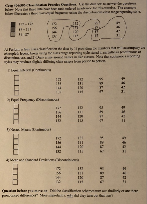 Geog 406/506 Classification Practice Questions. Use | Chegg.com
