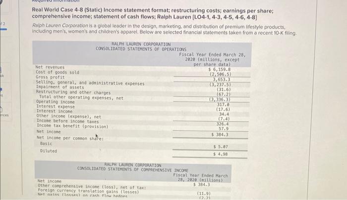 Solved Real World Case 4.8 (Static) Income statement format; | Chegg.com