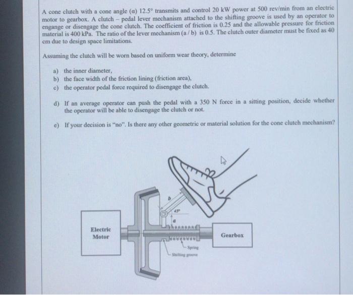 Solved A cone clutch with a cone angle (a)12.5∘ transmits