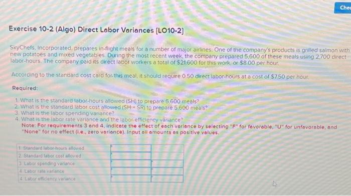 Solved Exercise 10-2 (Algo) Direct Labor Variances [LO10-2] | Chegg.com