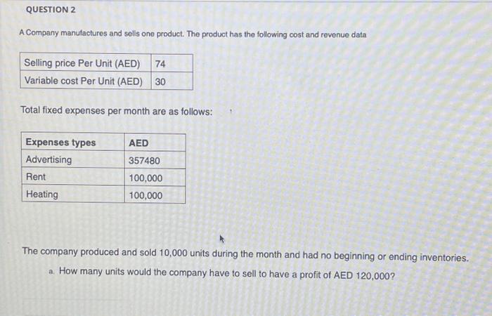 QUESTION 2 A Company Manufactures And Sells One | Chegg.com