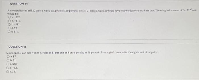 Solved QUESTION 14 A monopolist can sell 20 units a week at | Chegg.com