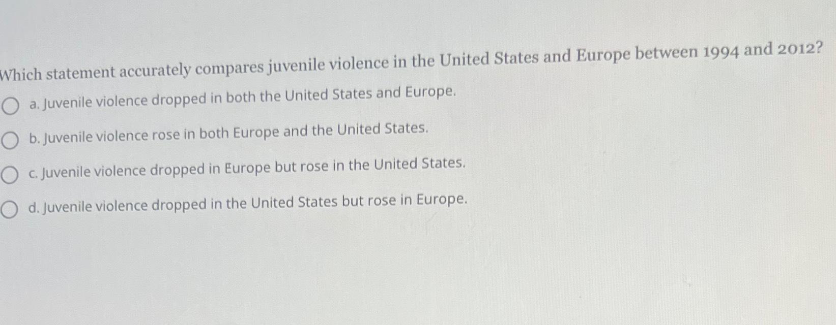 Solved Which statement accurately compares juvenile violence | Chegg.com