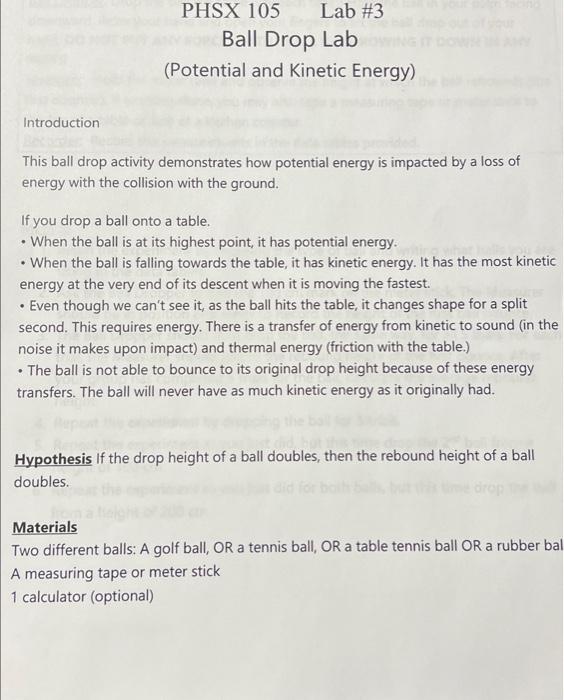 PHSX 105 Lab 3 Ball Drop Lab (Potential and