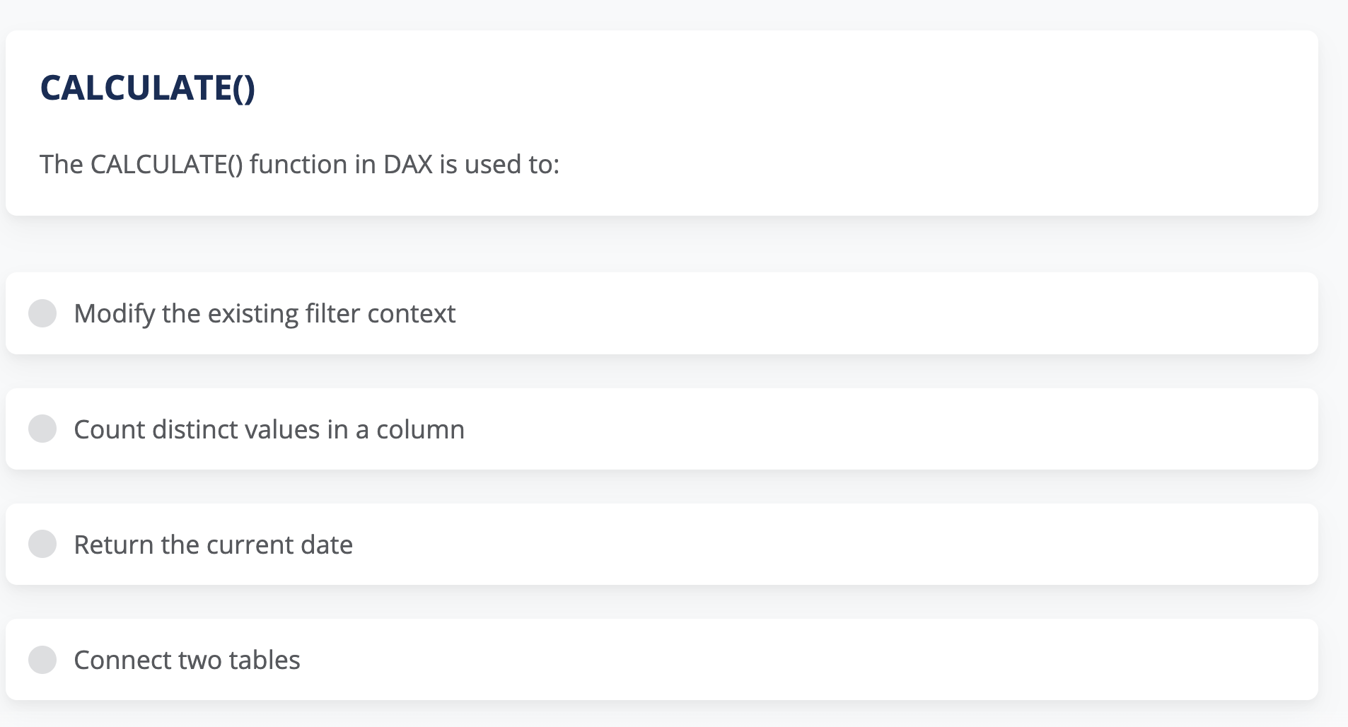 Solved CALCULATE()The CALCULATE() ﻿function in DAX is used | Chegg.com