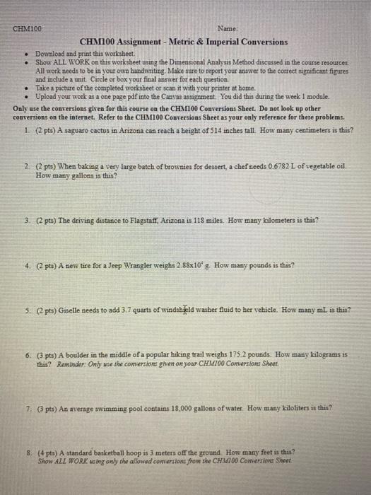 Solved CHM100 Name: CHMI00 Assignment - Metric \& Imperial | Chegg.com
