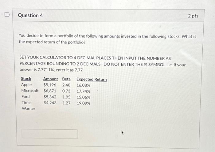 Solved You decide to form a portfolio of the following | Chegg.com