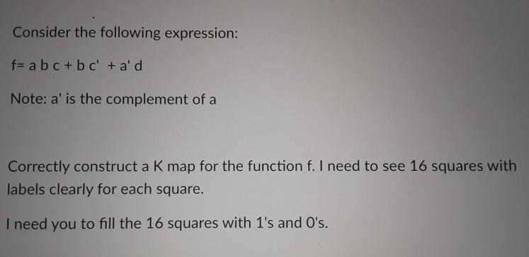 Solved Consider The Following Expression: F= A B C + B + A'd | Chegg.com