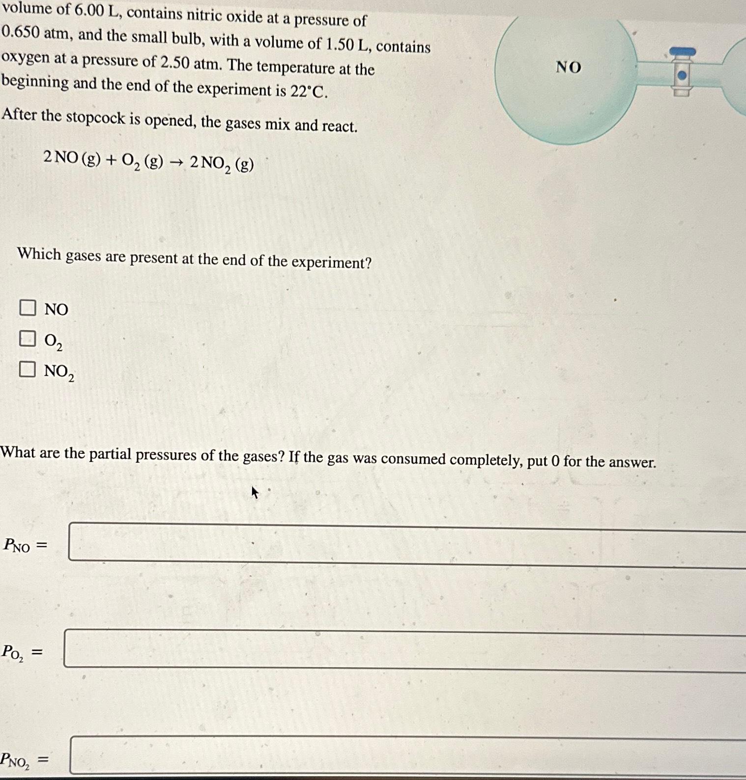 Solved volume of 6.00L, ﻿contains nitric oxide at a pressure