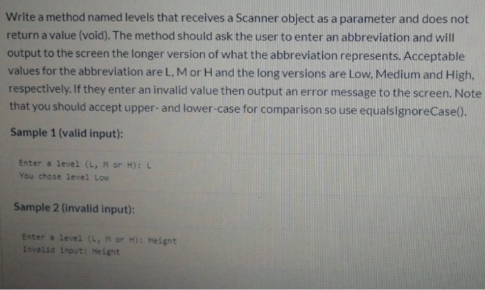 Solved Write a method named levels that receives a Scanner | Chegg.com