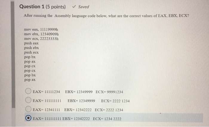 Solved Question 1 (5 points) Saved After running the | Chegg.com