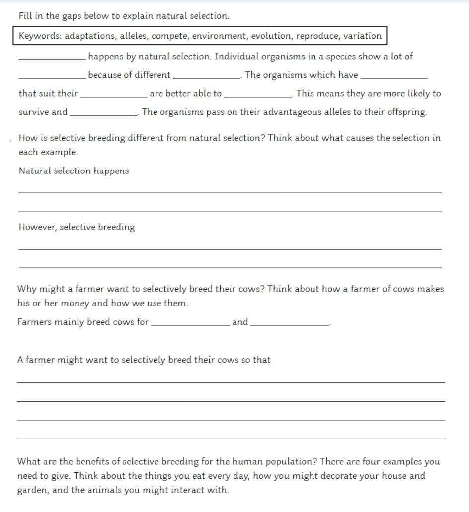 Solved Fill in the gaps below to explain natural selection. | Chegg.com