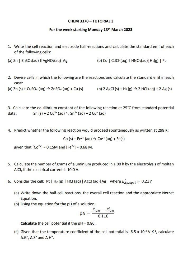 Solved 1. Write the cell reaction and electrode | Chegg.com