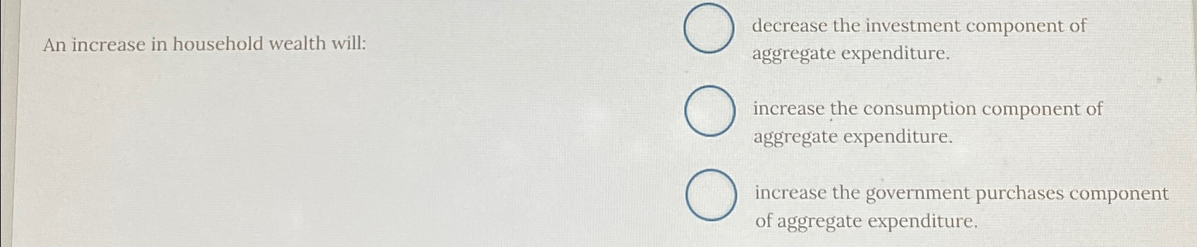 Solved An increase in household wealth will:decrease the | Chegg.com