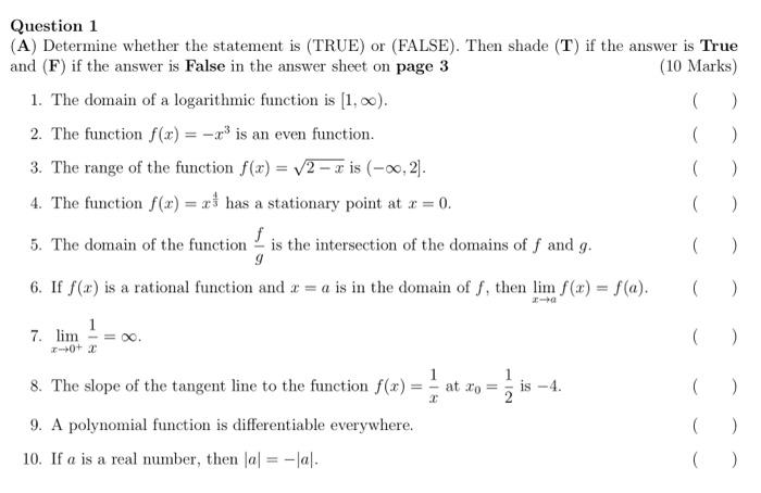 Solved Question 1 (A) Determine whether the statement is | Chegg.com