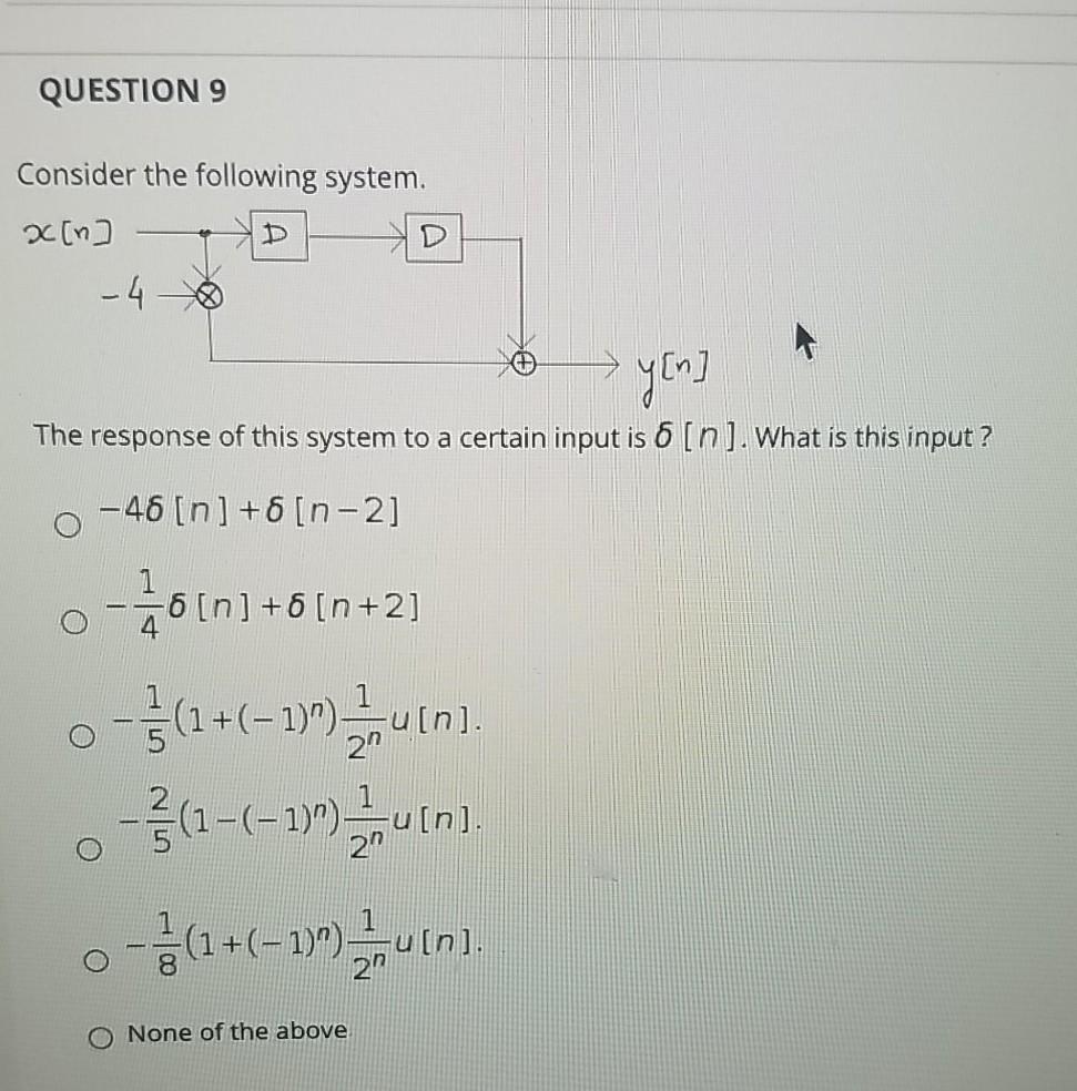 Solved QUESTION 9 Consider the following system. x[n] -4 | Chegg.com