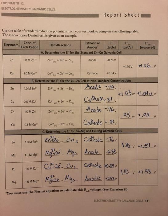 Solved EXPERIMENT 12 ELECTROCHEMISTRY GALVANIC CELLS Report