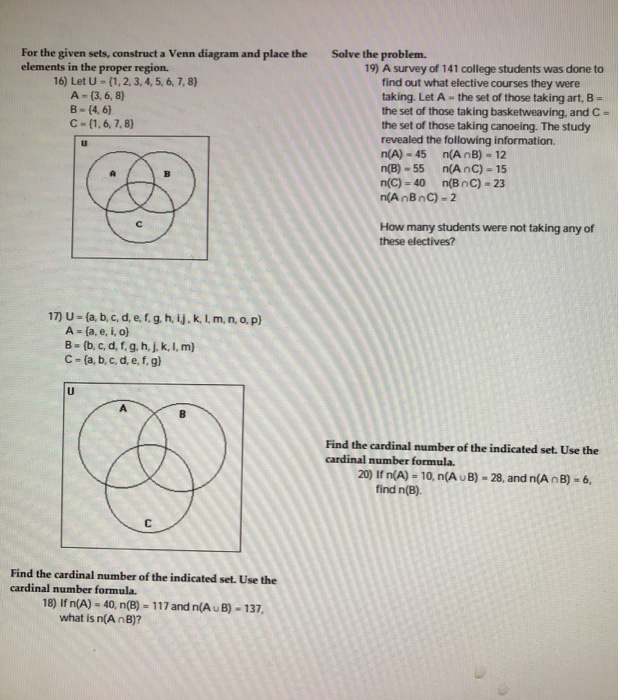Solved For The Given Sets Construct A Venn Diagram And P Chegg Com