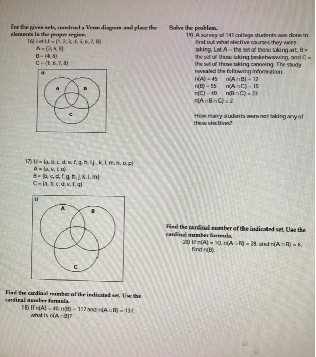 For The Given Sets Construct A Venn Diagram And Chegg Com