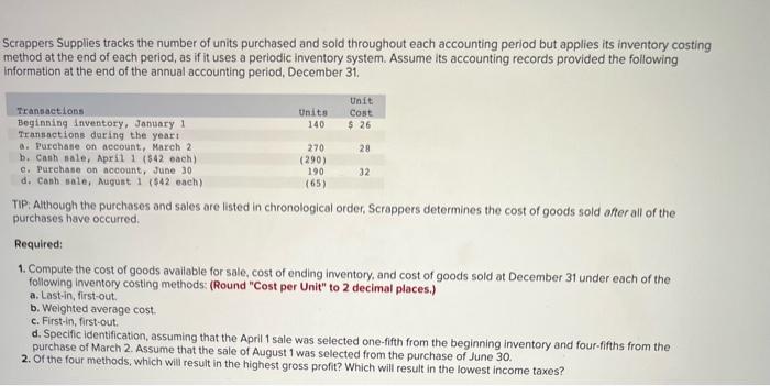 Scrappers Supplies tracks the number of units purchased and sold throughout each accounting period but applies its inventory 