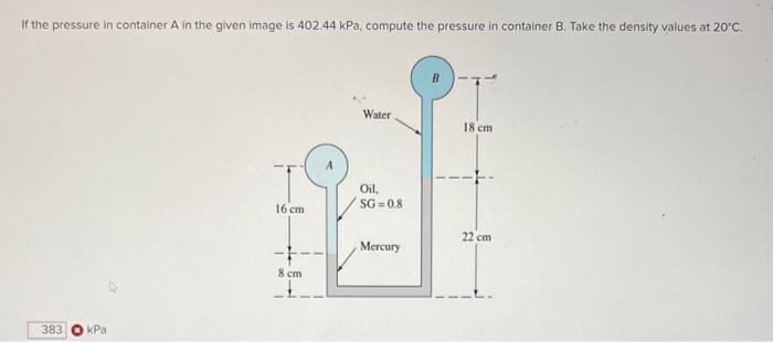 If the pressure in container \( \mathrm{A} \) in the given image is \( 402.44 \mathrm{kPa} \), compute the pressure in contai