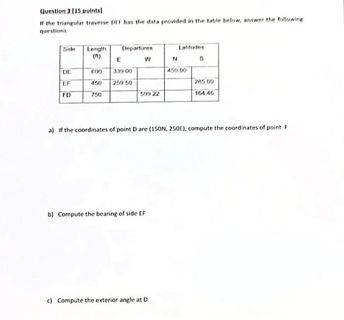 Solved Question 3.115 points If the triangular traverse DEF | Chegg.com
