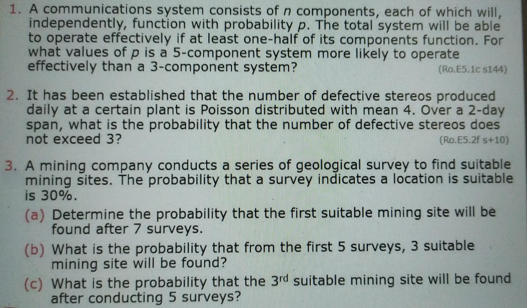 Solved 1. A communications system consists of n components, | Chegg.com