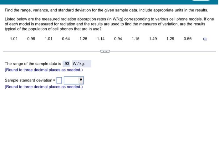 Solved Find the range, variance, and standard deviation for