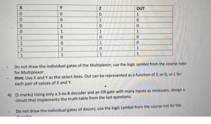 Do not draw the individual gates of the Multiplexor; use the logic symbol from the course note for Multiplexor.
Hint: Use \(