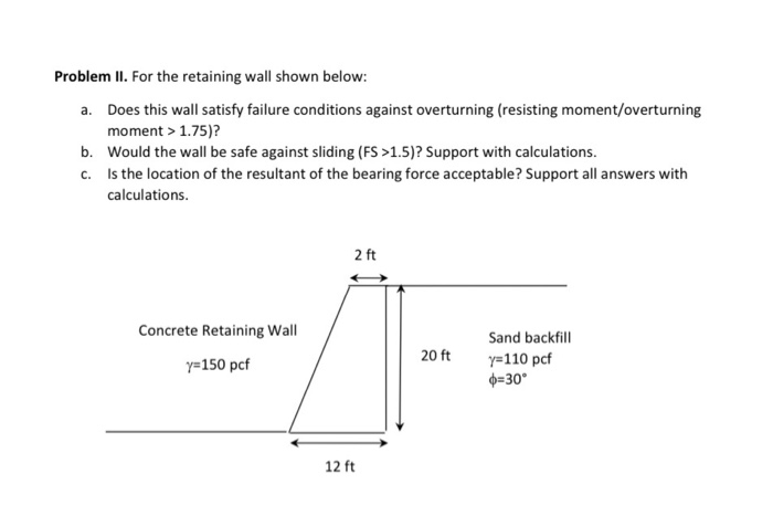 Solved Problem II. For the retaining wall shown below: a. | Chegg.com