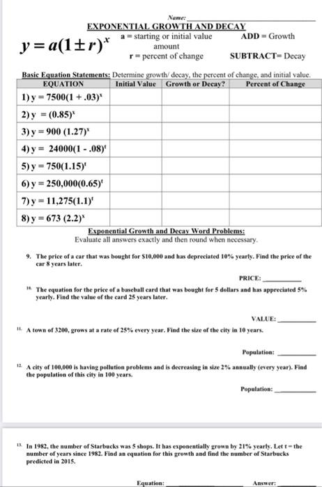 Solved Name EXPONENTIAL GROWTH AND DECAY a starting or Chegg