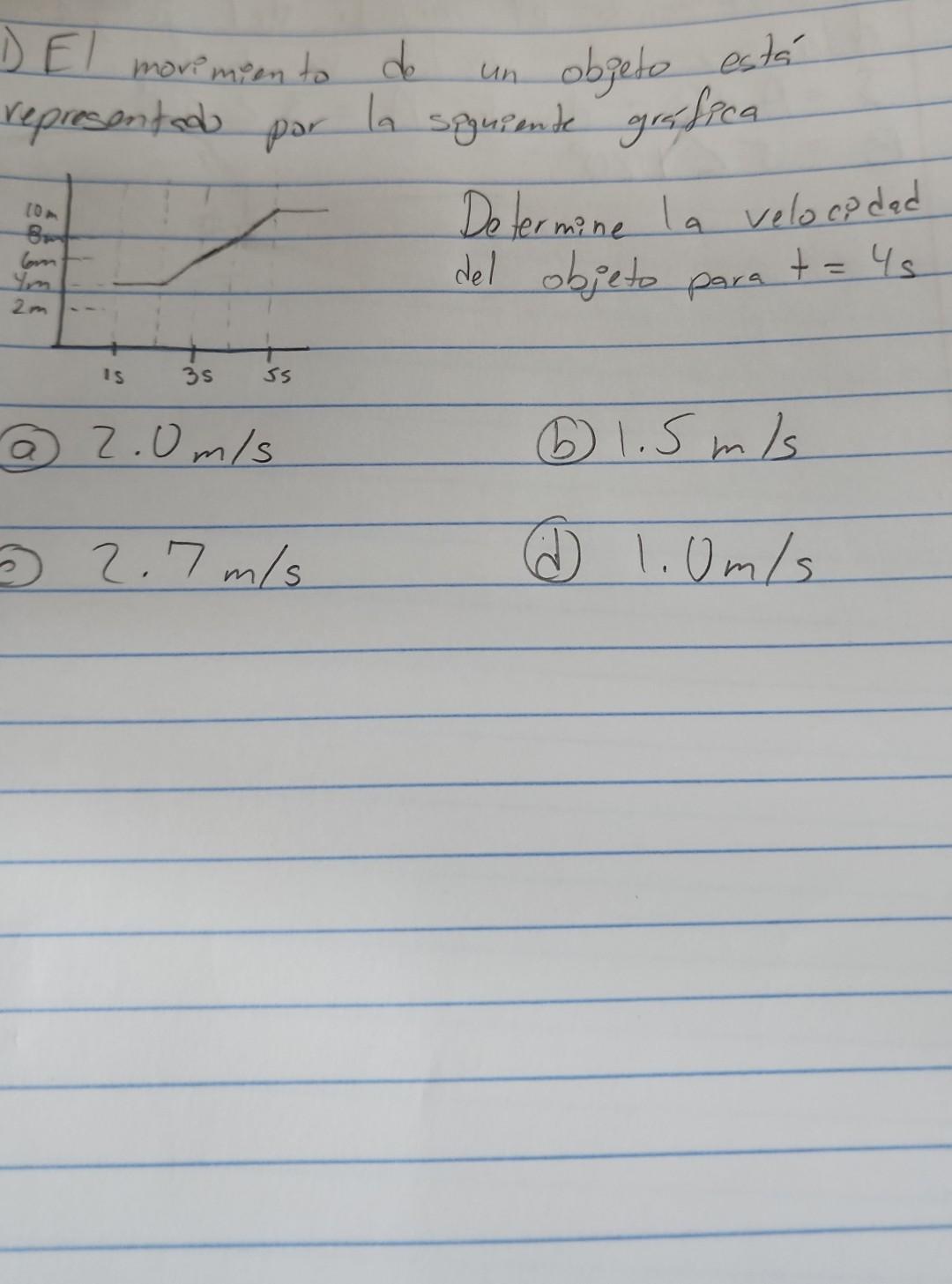 El morimiento de un objeto está representeds por la siguiente grafica Determine la velocidad del objeto para \( t=4 \mathrm{~