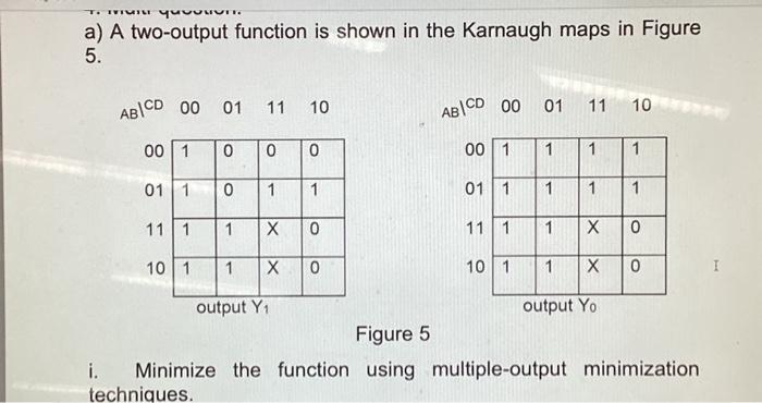 a) A two-output function is shown in the Karnaugh maps in Figure
5.
Figure 5
i. Minimize the function using multiple-output m