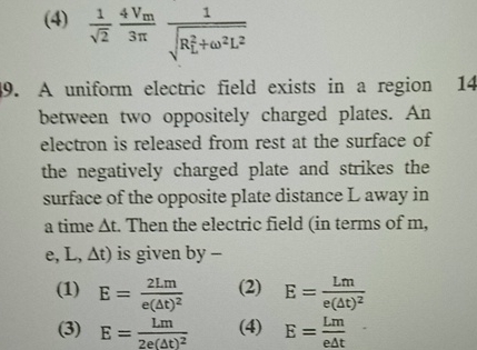 Solved (4) 1224Vm3π1RL2+ω2L229. ﻿A Uniform Electric Field | Chegg.com