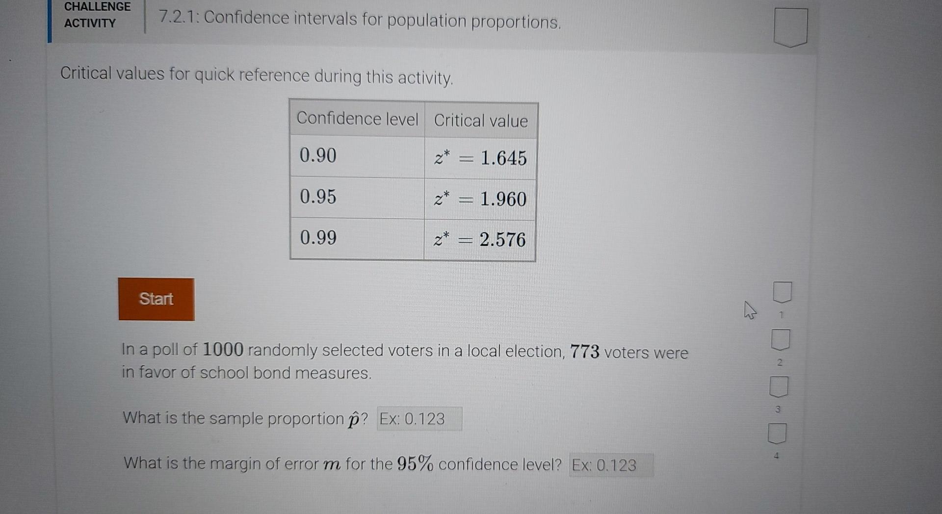 Solved CHALLENGE ACTIVITY 7.2.1: Confidence intervals for | Chegg.com