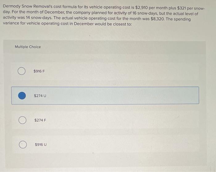 Solved Dermody Snow Removal's cost formula for its vehicle