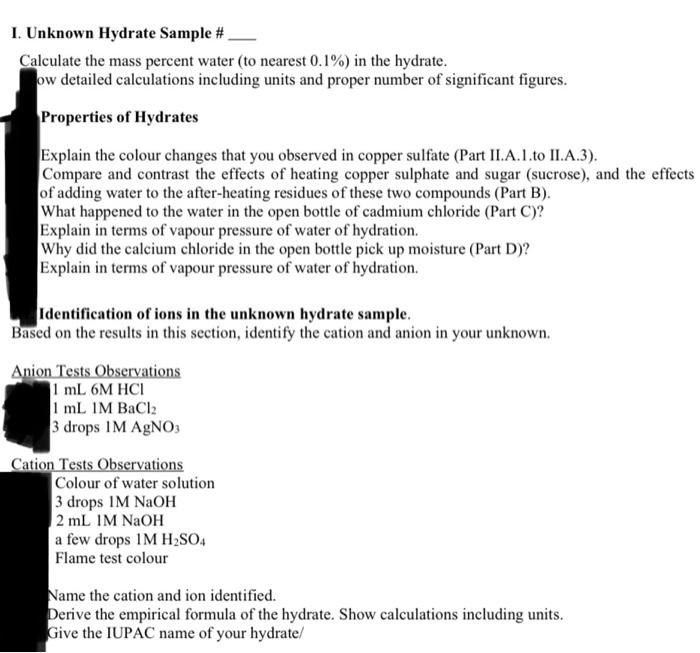 Solved 1. Unknown Hydrate Sample # Calculate the mass | Chegg.com